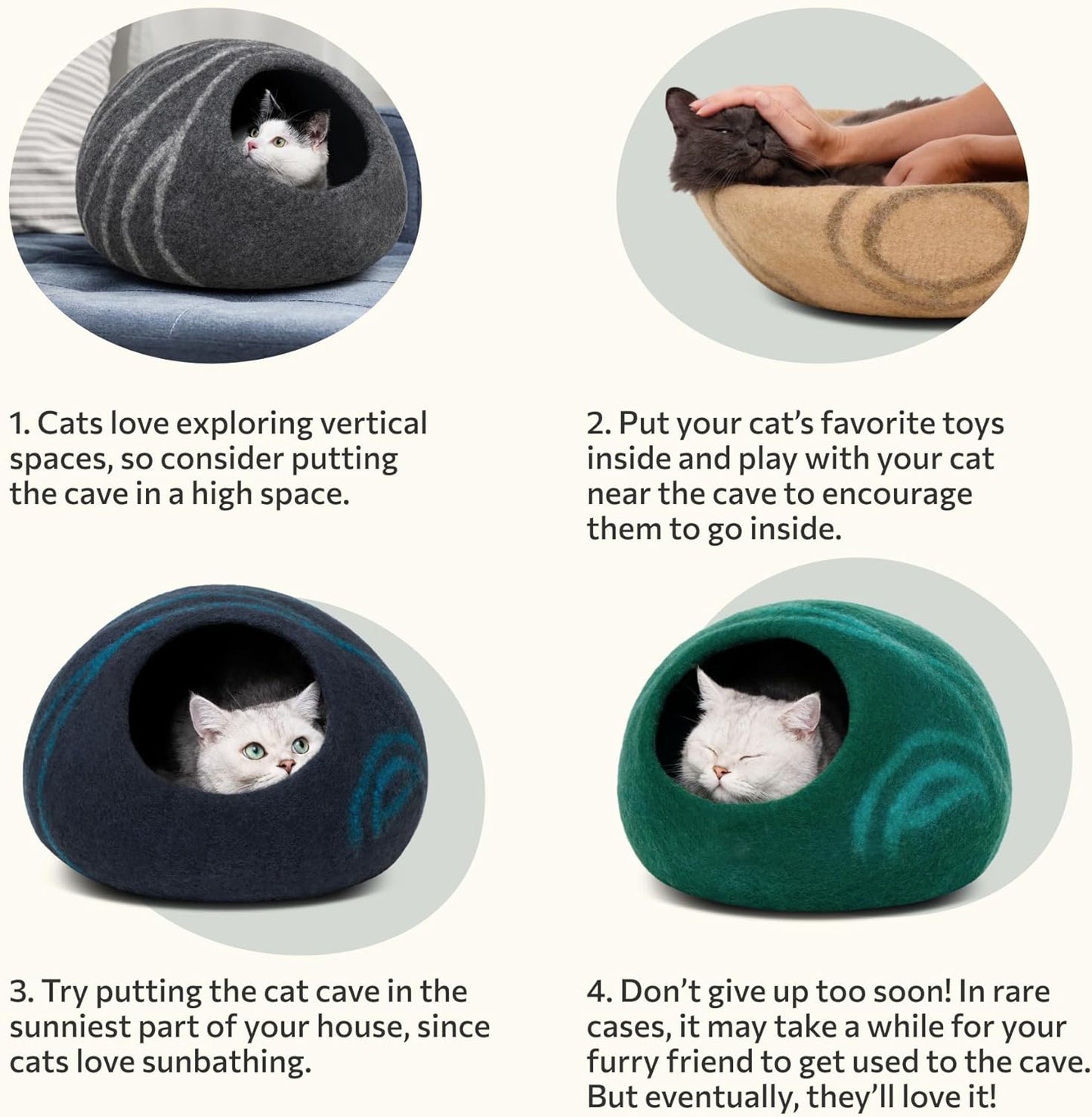 Cat Cave – Premium Felt Cat Bed Enclosure for Indoor Cats, Handmade Merino Wool (Light Gray, Medium)