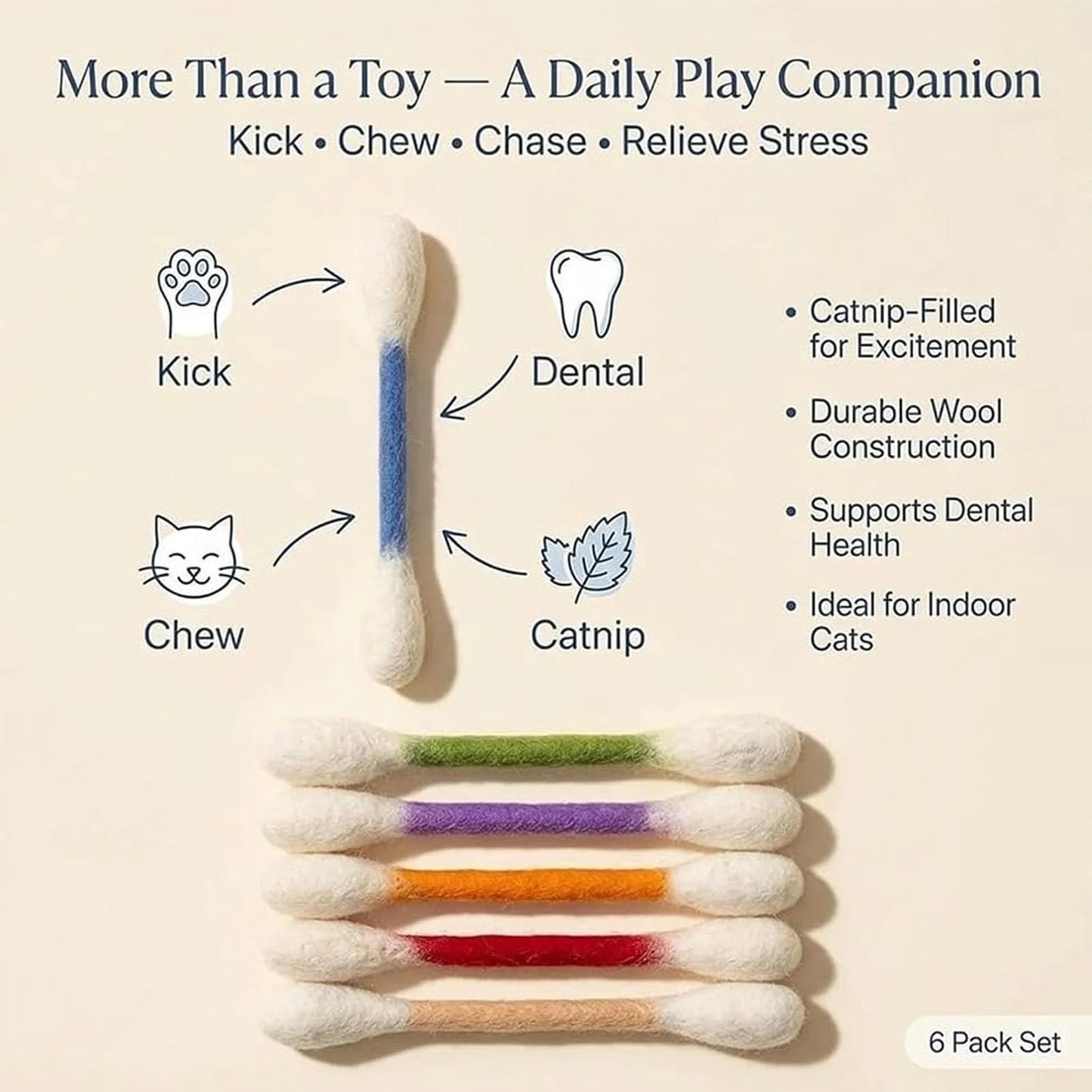 Giant Q Tip Cat Toy, Cotton Swabs Cat Toys with Catnip, 6 Pk Interactive Felt Kitty Kicker Toy Sticks, Big Kitten Chew Dental Teething, Set of 6 Soft Plush Kicker Toys