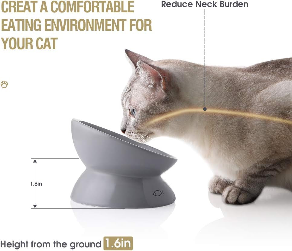 Sweejar Ceramic Raised Cat Bowls, Slanted Cat Dish Food or Water Bowls, Elevated Porcelain Pet Feeder Bowl Protect Cat'S Spine, Stress Free, Backflow Prevention (Gray)