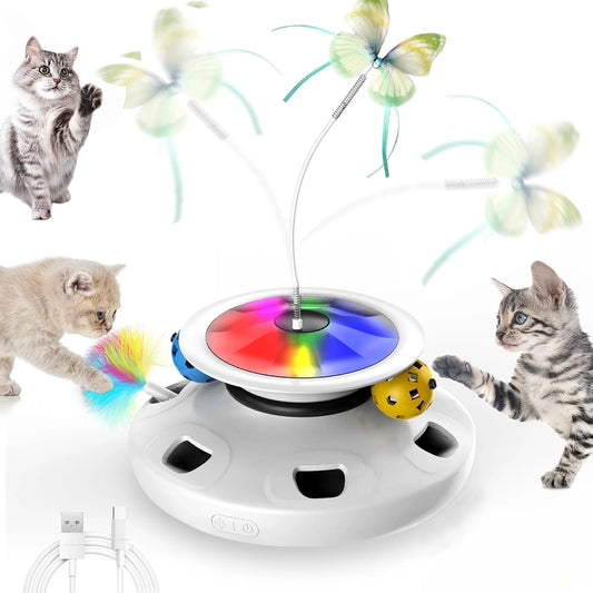 Interactive Cat Toys for Indoor Cats, 4 in 1 Cat Toys Rechargeable,Usb Rechargeable Cat Teaser,Exercise Cat Wand,Track Balls Kitten Toy, Fluttering Butterfly, Electronic Whack a Mole for All Breeds