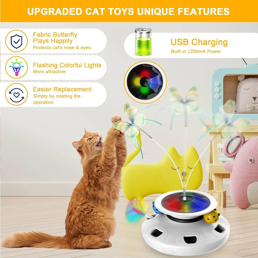 Interactive Cat Toys for Indoor Cats, 4 in 1 Cat Toys Rechargeable,Usb Rechargeable Cat Teaser,Exercise Cat Wand,Track Balls Kitten Toy, Fluttering Butterfly, Electronic Whack a Mole for All Breeds