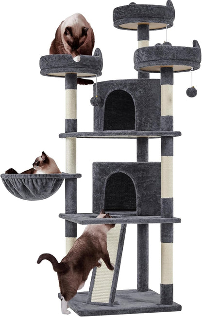 Yaheetech | 68.5In Cat Tree | for Large Cats | Multi-Level Cat Tower with 3 Wide Perches, Large Condo | Stable Pet Play House W/Sisal-Covered Scratching Posts & Board | Dark Gray