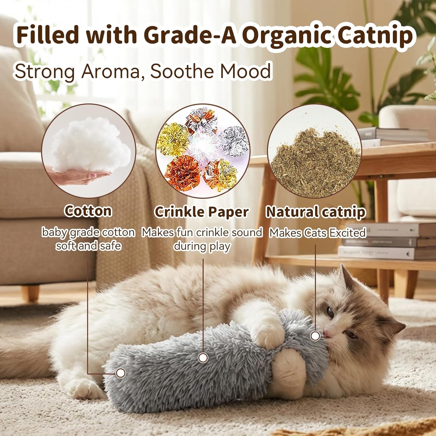Cat Toys 3 Pack Catnip Pillows, Soft and Durable Crinkle Sound with Catnip Inside, Interactive Cat Toy Indoor Cats Kitten Kicker, Promotes Kitty Exercise Toys Mothers Day Gifts Solid
