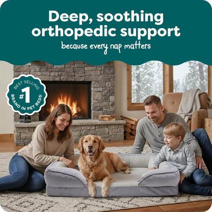 Orthopedic Dog Bed for Large Dogs W/ Removable Bolsters & Washable Cover, for Dogs up to 95 Lbs - Plush & Velvet Waves Perfect Comfort Sofa - Granite Gray, Jumbo/Xl