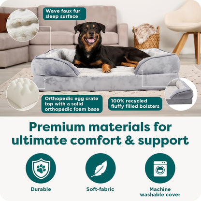 Orthopedic Dog Bed for Large Dogs W/ Removable Bolsters & Washable Cover, for Dogs up to 95 Lbs - Plush & Velvet Waves Perfect Comfort Sofa - Granite Gray, Jumbo/Xl